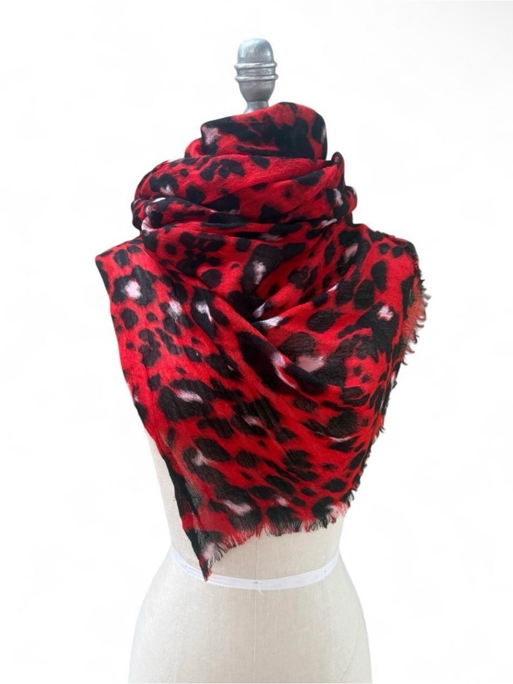 Red Leopard Print Women's Shawl Scarf - Bold Animal Pattern 100% wool XLONG